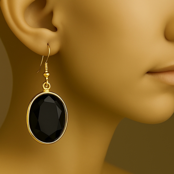Elegant Black Gem 1.5" Drop Earrings – Gold Tone Oval Dangle Lightweight Jewelry - Picture 1 of 8